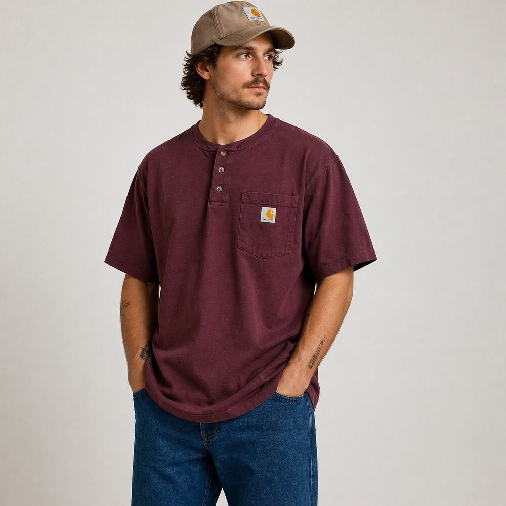 Carhartt Original Fit Pocket Henley Tee XL Burgundy Workwear Shirt USA